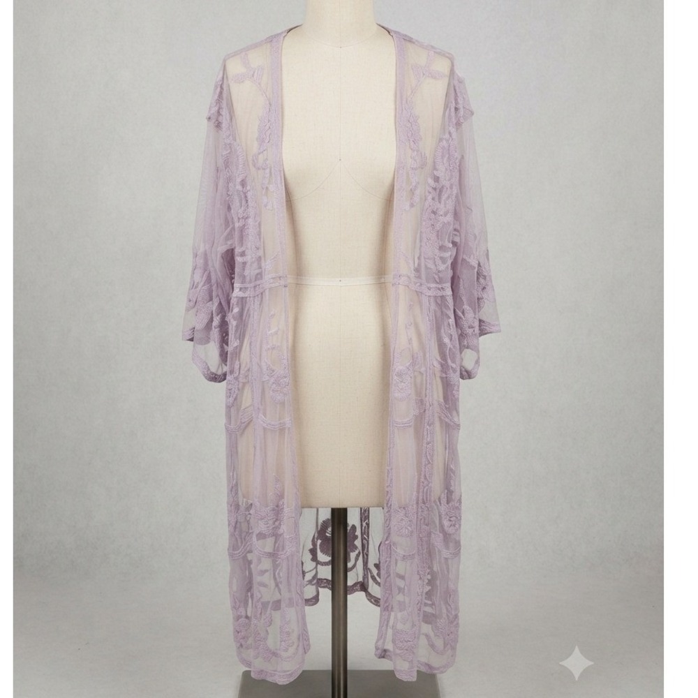 LC Lauren Conrad Lavender Fairycore Floral Lace Mesh Kimono Sheer Embroidered OS